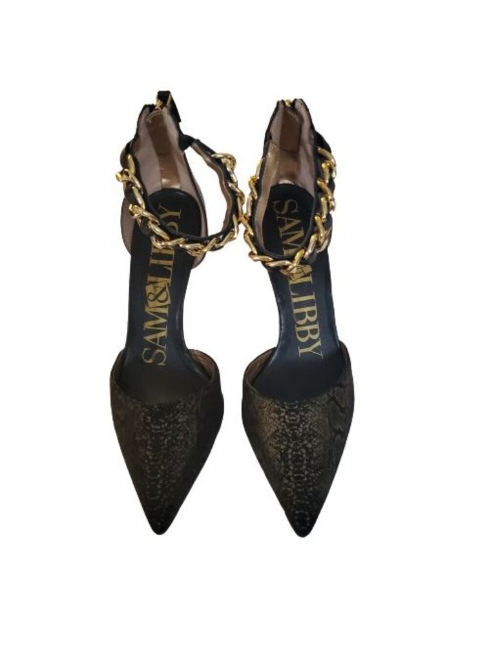 Sam & Libby Black/Gold Snake Print Ankle Chain Stiletto Heels Pumps Women's Sz 8 - Picture 3 of 13